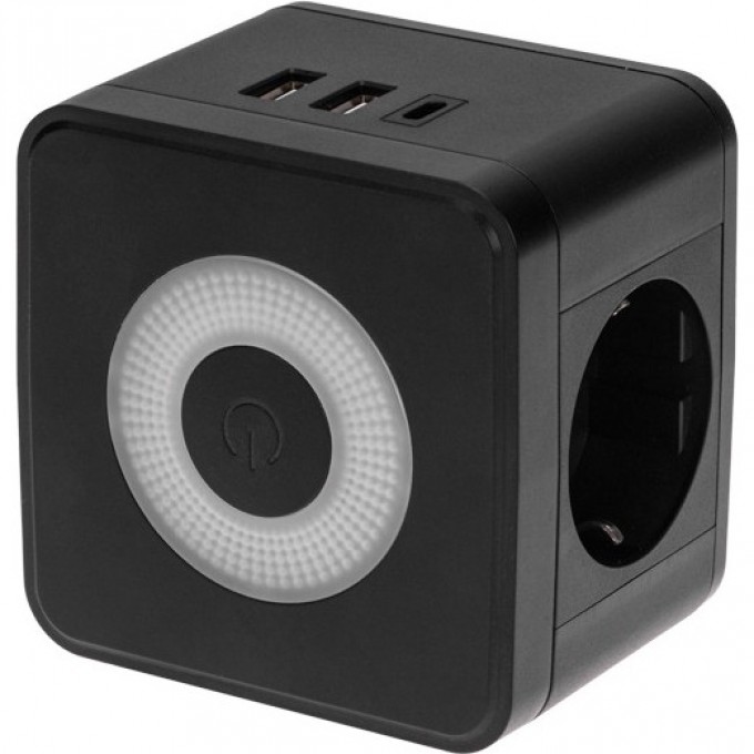 Двойник электрический REXANT КУБ 16А с заземлением + 2хUSB-A 2,4А + USB Type-C 3А с ночной подсветкой, черный 11-1252 Двойник электрический REXANT КУБ 16А с заземлением + 2хUSB-A 2,4А + USB Type-C 3А с ночной подсветкой, черный 11-1252