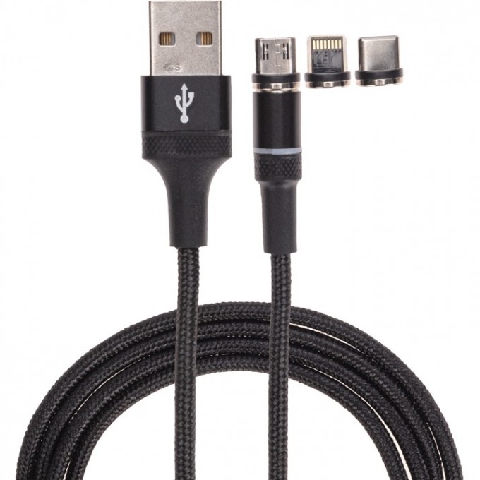 Кабель REXANT USB 3в1 со съемными магнитными портами, Type-С (2A), Lightning (2,4A), Micro USB (2A), 1,2м, в черной оплетке, с LED подсветкой 18-7076 Кабель REXANT USB 3в1 со съемными магнитными портами, Type-С (2A), Lightning (2,4A), Micro USB (2A), 1,2м, в черной оплетке, с LED подсветкой 18-7076