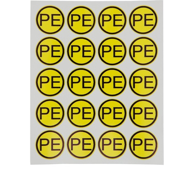 Наклейка REXANT знак электробезопасности «PE» d - 20 мм (20 шт на листе) 55-0004 Наклейка REXANT знак электробезопасности «PE» d - 20 мм (20 шт на листе) 55-0004