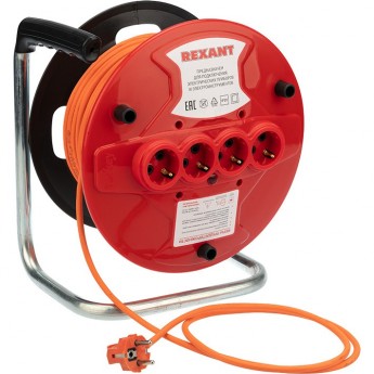 Удлинитель-шнур REXANT ПВС 3х1.0 2200 Вт 50 м 4 гнезда с/з на катушке оранжевый Удлинитель-шнур REXANT ПВС 3х1.0 2200 Вт 50 м 4 гнезда с/з на катушке оранжевый