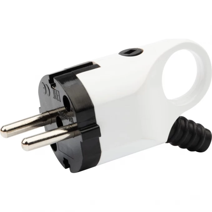 Вилка REXANT ЕВРО угловая с заземлением 16А с ушком (кольцом) бело-черная 11-8952